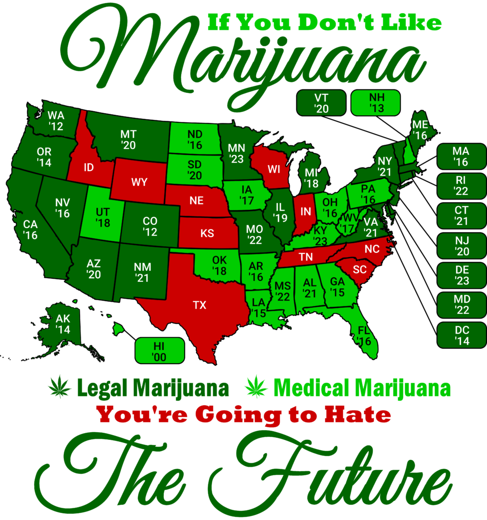 Map of the legal, medical, and prohibition states for marijuana, with the text "If you don't like marijuana, you're going to hate the future."